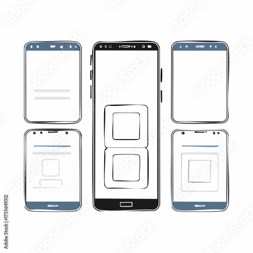 Set of smartphone shapes with blank screens in flat style. Cell phone with sensor display in various constructive designs. Isolated icons of mobile devices with empty space. EPS8 vector illustration.