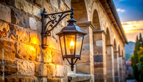 Warm light from an outdoor lantern on a stone wall, with archways in the background at sunset