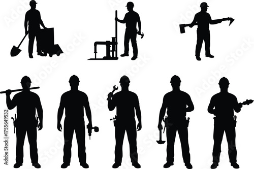 Construction workers silhouettes with tools and equipment, industrial labor, teamwork, repair, maintenance, safety, flat vector illustration