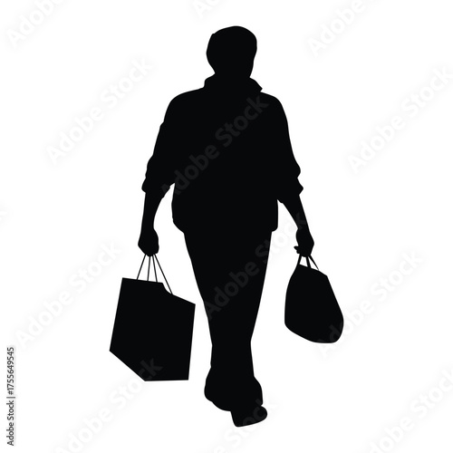 Silhouette of a person walking with shopping bags in each hand on a white background