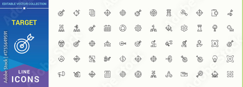 Target icon set. Strategy icon set. Outline icons pack. Pictograms of achieve, goal, success, strategy and more. Pictogram and infographic.