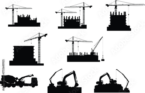 Construction machinery silhouettes, tower cranes, excavators, concrete mixers black vector illustration