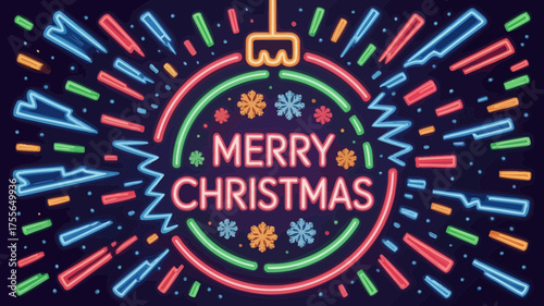 Bright neon merry christmas greeting card with festive ornaments and exploding confetti on dark background
