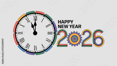 Happy new year 2026 celebration with a colorful clock face and stylized numbers indicating the approaching midnight countdown