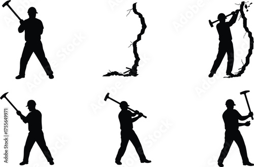 Construction worker breaking wall with hammer, demolition process, safety equipment, industrial labor action, building repair, flat vector illustration