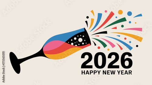 Vibrant abstract champagne glass exploding with colorful confetti and bubbles celebrating happy new year 2026