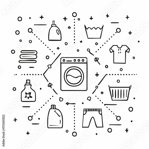 Icon set of laundry symbols in modern thin line flat design style. Clothing washing, bleaching, drying, ironing, cleaning pictograms. Garment care labels vector eps8 illustration.
