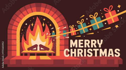 Cozy christmas fireplace with crackling fire and a string of festive gifts floating towards the viewer with merry christmas text