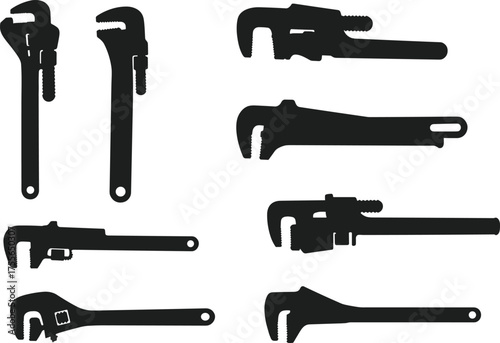 Silhouette set of pipe wrenches and plumbing tools for maintenance, industrial repair equipment illustration, flat vector design