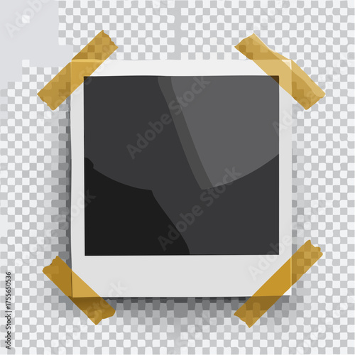 Abstract photo frame fixed by sticky tape isolated on transparent background. Detailed vector eps10 illustration with transparency.
