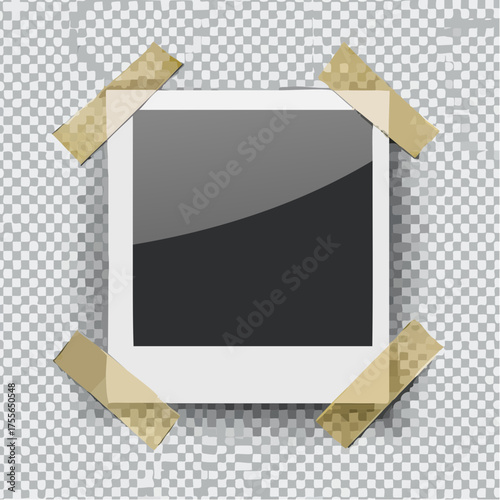 Abstract photo frame fixed by sticky tape isolated on transparent background. Detailed vector eps10 illustration with transparency.