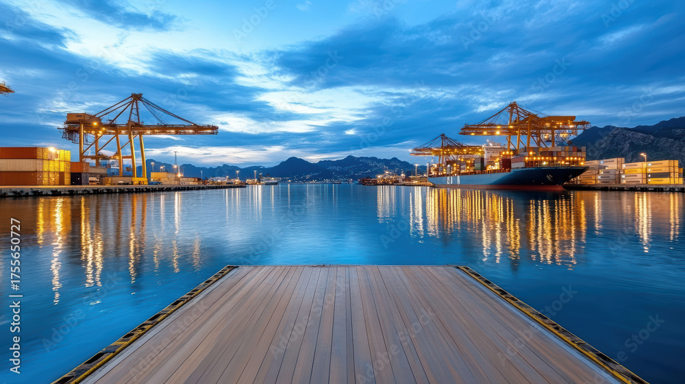 Fototapeta premium International shipping port at dusk with illuminated cranes and calm water reflecting sky