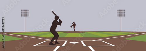 Baseball Field illustration with Batter and Pitcher silhouette under stadium lights