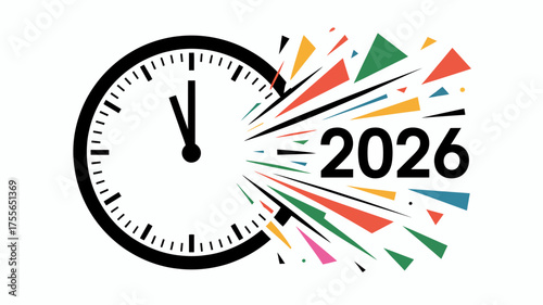 Clock face exploding into colorful abstract shapes and the year 2026 symbolizing future and celebration