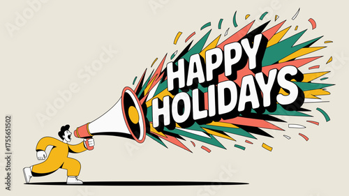 Man in yellow suit shouting happy holidays through a megaphone with colorful exploding confetti and abstract shapes