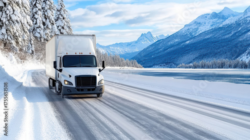 Winter truck driving on snowy road with mountains and lake scenery