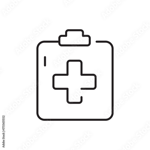 A black line drawing of a medical clipboard with a cross symbol in the center