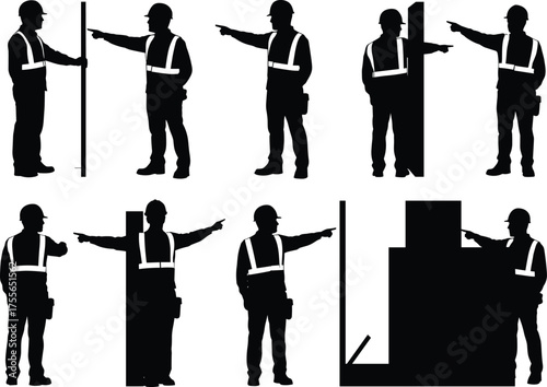 Construction workers pointing and inspecting building structures, teamwork and supervision at construction site, safety vest silhouettes vector