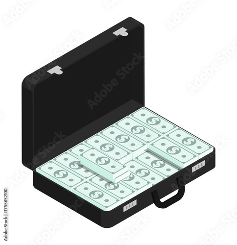 Isometric open leather suitcase filled to the brim with stacks of American dollars in cash. Isolated cartoon vector on white background top view