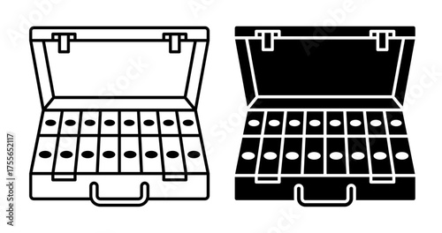 Linear icon. Open leather suitcase filled with stacks of American dollars in cash. Simple black and white vector isolated on white background