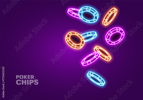 Neon poker chips on dark background. Bright glowing chips for casino and poker. Vector illustration.
