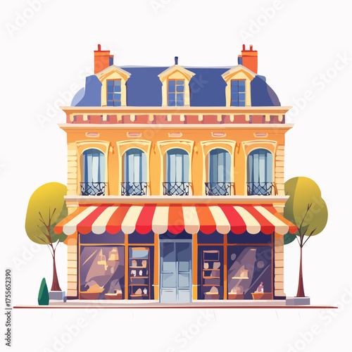 Illustrated storefront building with striped awning and trees on a white background