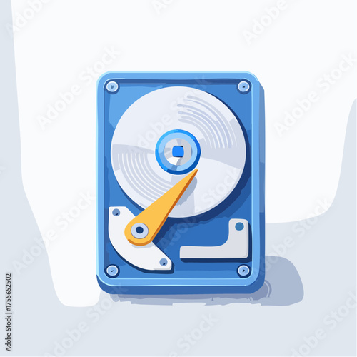 Illustration of a blue and white hard disk drive with an orange arm