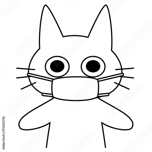 マスクを着用しているシンプルな白猫のキャラクターイラスト