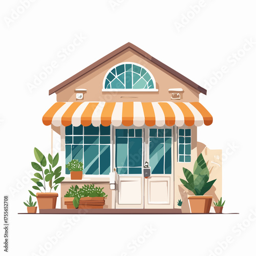 Illustration of a charming small shop with plants and a striped awning