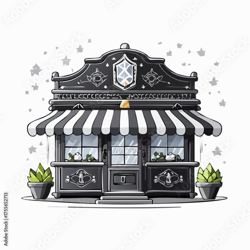 Illustration of a charming shop with awning and decorative details