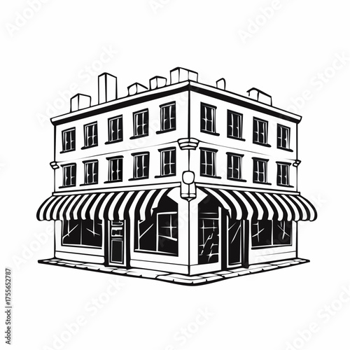 Illustration of a classic building with striped awning and windows