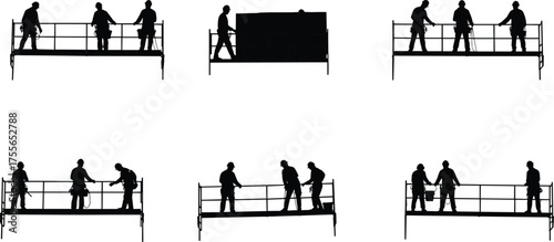 Construction workers standing on scaffolding platform, teamwork, safety gear, industrial site silhouettes, maintenance and repair illustration