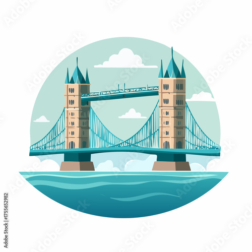 Illustration of a famous suspension bridge over blue water with clouds in the background