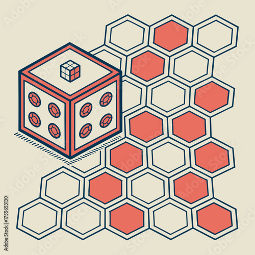A board game with a dice and hexagonal tiles for strategic gameplay
