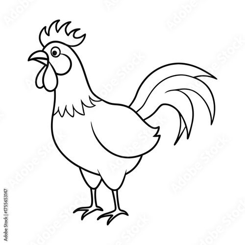 A line drawing of a rooster standing in profile