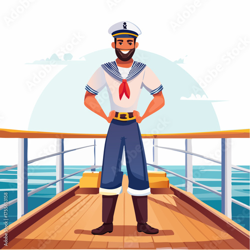 Illustration of a happy sailor posing with arms akimbo on a ship deck