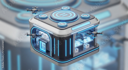 A futuristic drone hub showcasing advanced technology and automated systems for efficient drone management and operations, representing innovation and progress