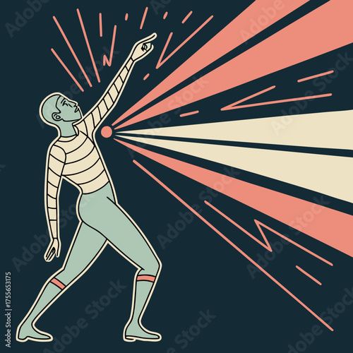 A person pointing towards a bright light source on a dark blue background