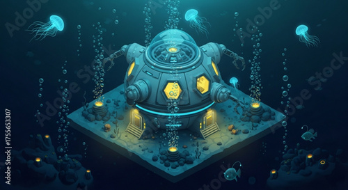An underwater research station with a futuristic design, surrounded by jellyfish and bubbles, creating a captivating marine exploration scene