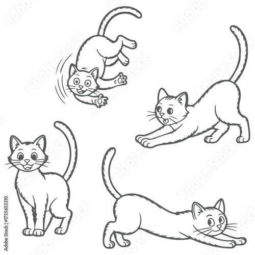 Playful Cat Poses Jumping, Stretching, Standing, and Crouching