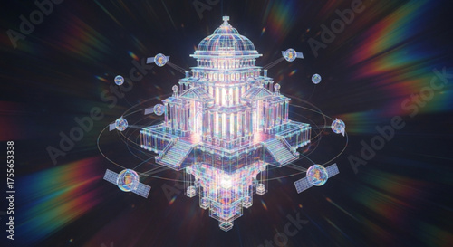 A mesmerizing 3d render showcases a futuristic, crystalline palace, radiating with vibrant, rainbowcolored light, creating a dreamlike atmosphere