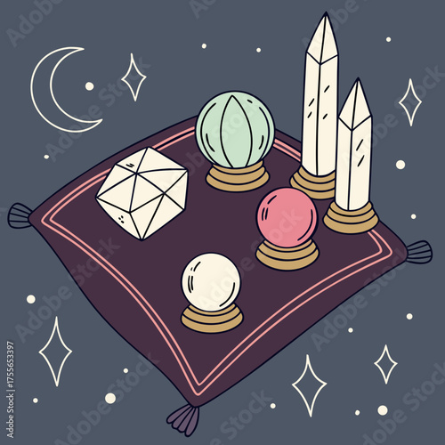 Crystals and crystal balls on a pillow, suggesting fortune telling