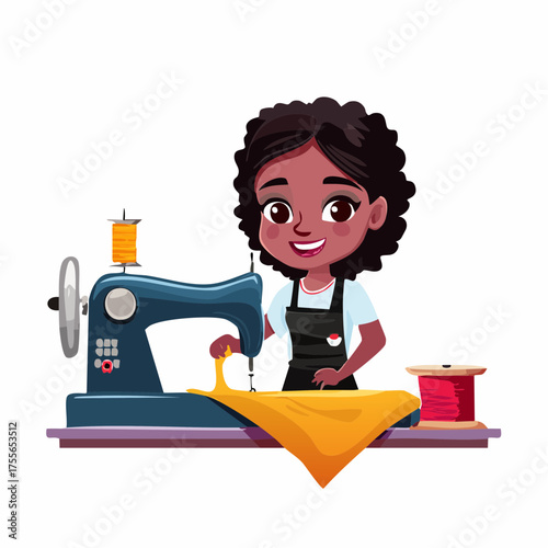 Illustration of a person sewing with a vintage sewing machine on white background
