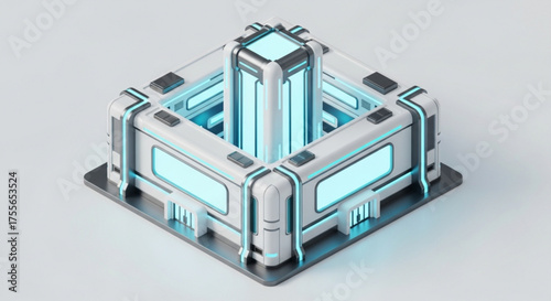 A futuristic isometric building with glowing blue accents, showcasing modern architecture and advanced technology