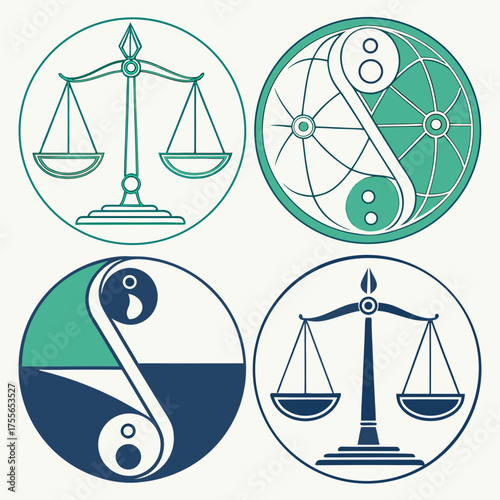 Four circular symbols representing balance and harmony