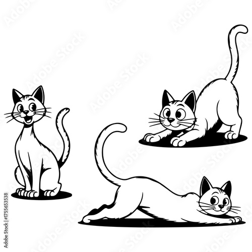 Playful Cat Poses Jumping, Stretching, Standing, and Crouching
