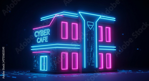 Neon cyber cafe building with glowing blue and pink lights, creating a futuristic and inviting atmosphere for digital enthusiasts