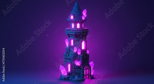 A mystical tower with glowing pink crystals, standing tall against a dark purple background, radiating an aura of magic and mystery