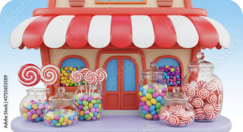 A charming candy store with a red and white striped awning, jars filled with colorful sweets, and a cheerful atmosphere