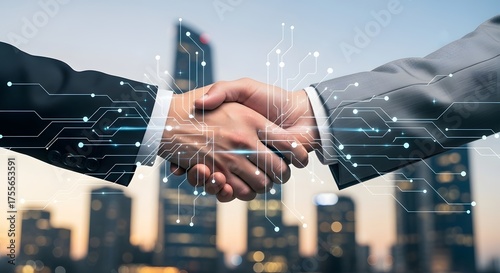 Successful Partnership Two Businessmen Shaking Hands Futuristic Technology Integration